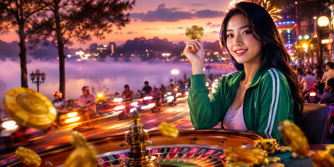 Bàn roulette neon về đêm tại Đà Lạt – minh họa casino live với voucher cs3